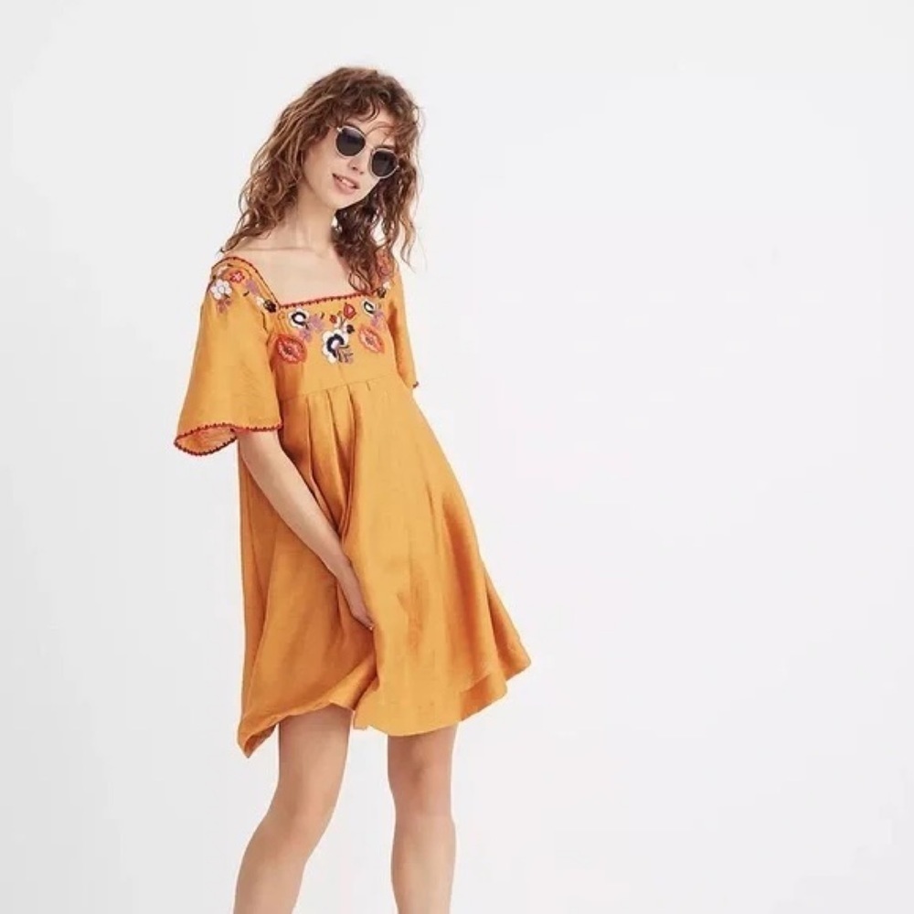 Madewell Floral Embroidered Square-Neck Marigold Yellow Mini Dress Small​​​​​ - Picture 8 of 11
